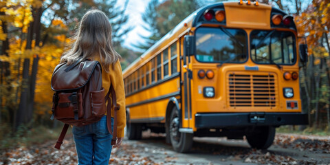 A child with a school backpack walks to the school bus on an autumn day.
