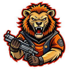 Generate a hair-raising sticker design depicting a lion equipped with a gun, instilling a sense of horror and foreboding in the viewer