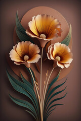 An exquisite and sophisticated 3D render of three captivating flowers, each displaying a vibrant yellow center that gracefully transitions into a warm bronze gradient. Generative AI