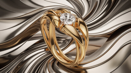 Abstract metallic, gold and rhodium background of smooth lines transitioning into a wedding ring.