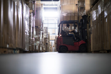 Forklift operator in bustling industrial storage facility