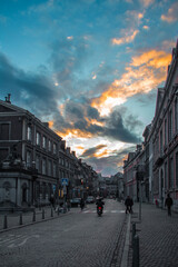 Street at sunset in the city of Liège, Belgium.
