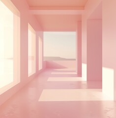 3D rendering of a pink room with large windows