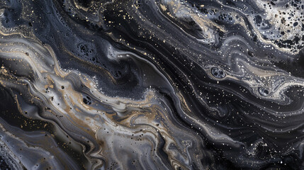 Shadowy onyx marble ink meandering through a dusky abstract environment, shimmering with faint glitters.