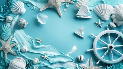 Nautical-themed retirement invitation mockup, An artistic arrangement of marine life and sailing icons, including shells and a ship's wheel, on a refreshing aqua background.