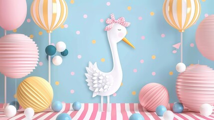 Playful baby shower invitation mockup, A delightful baby shower scene featuring a whimsical stork among pastel balloons and playful decorations on a polka-dot background.