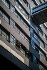 Close-up view of a contemporary building with white-framed windows