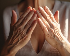 A detailed close-up photo capturing the graceful aging of hands in a delicate, almost reflective pose.