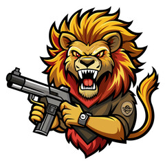 Generate a hair-raising sticker design depicting a lion equipped with a gun, instilling a sense of horror and foreboding in the viewer