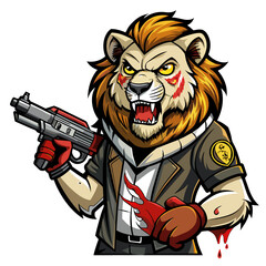 Generate a hair-raising sticker design depicting a lion equipped with a gun, instilling a sense of horror and foreboding in the viewer