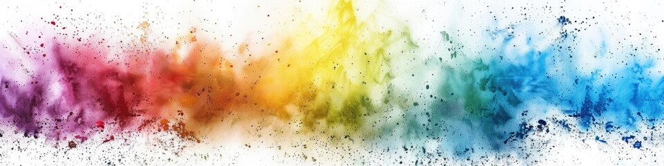 Background Panorama. Colorful Rainbow Holi Paint Explosion with Powder Splash on Isolated White Wide Background - obrazy, fototapety, plakaty