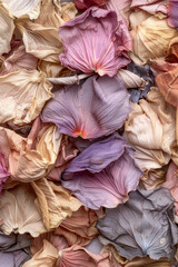 Textured surface of dried flower petals, showcasing delicate shapes and muted colors. Dried flower petal textures offer a rustic and natural backdrop