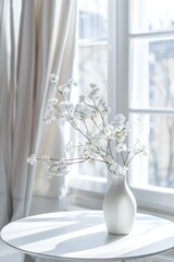 Serene Morning Light Shining Through Sheer Curtains Onto a Vase of White flowers