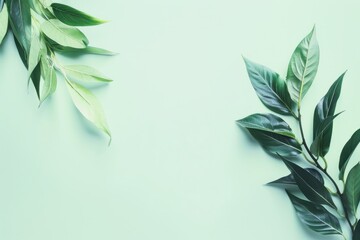 Fresh Green Leaves Arranged in a Semi-Circle on a Pastel Background