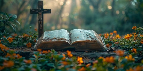 In the hushed cemetery, a stone cross stands solemnly beside an open Bible, emanating light and hope. - Powered by Adobe