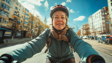Cyclist in the city. A woman riding a bicycle outdoors wearing a helmet. Person rides on the street. 