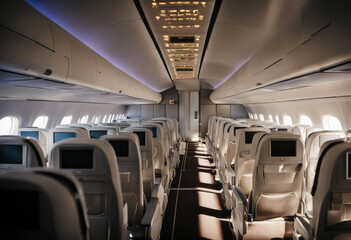 Obraz premium aircraft commercial rows cabin aisle seats airline aeroplane aerodrome business flight interior jet passenger plane row seat transport travel trip air arrival chair people class