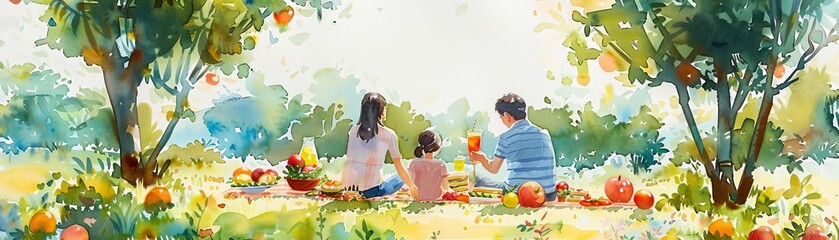 A family is having a picnic in an orchard