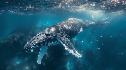 Fototapeta premium 1. Majestic Encounter: A colossal humpback whale glides gracefully through the cerulean depths of the ocean, its massive form illuminated by streaks of sunlight filtering through t