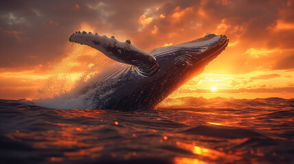 9. Ocean's Symphony: In the midst of a vibrant underwater ecosystem, a majestic blue whale breaches the surface of the ocean, its massive body arcing gracefully against the backdro