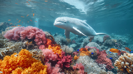 16. Oceanic Wonder: Amidst a vibrant coral reef, a playful beluga whale frolics in the crystal-clear waters, its pure white form a striking contrast against the colorful backdrop o