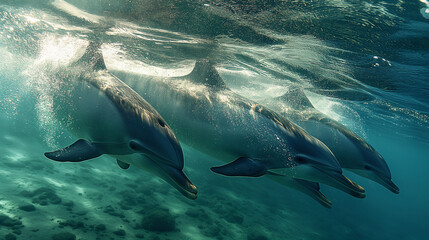 Fototapeta premium 18. Oceanic Harmony: In the tranquil waters of a secluded cove, a pod of bottlenose dolphins engages in a playful game of chase, their sleek bodies darting effortlessly through the