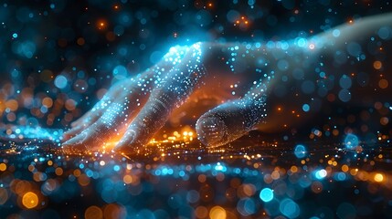 The Integration of AI and Human Nature: A Hand Surrounded by Flash Particles and Circuits, Floating in the Digital Data Stream, Reflects the Fusion of Artificial Intelligence and Human Consciousness