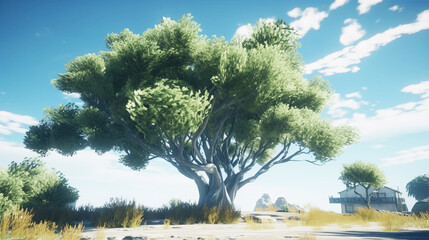 Delonix regia tree, blue daytime sky background. AI generated.