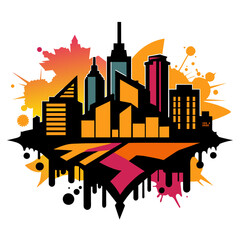 Illustrate an edgy vector graphic of a city skyline, accentuated by graffiti-inspired artwork and the silhouette of stylish urban dwellers, capturing the eclectic essence of metropolitan life