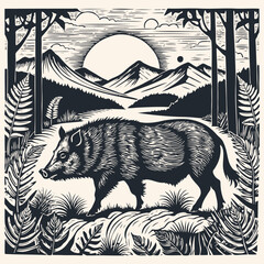 A wild boar in the forest. Vector illustration