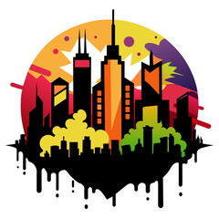 Illustrate an edgy vector graphic of a city skyline, accentuated by graffiti-inspired artwork and the silhouette of stylish urban dwellers, capturing the eclectic essence of metropolitan life