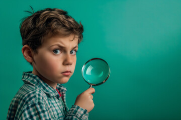 虫眼鏡で何かを調べている少年。探偵、捜査、事件