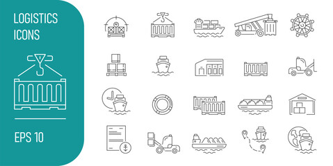 Sea container transportation. A set of logistics web icons, editable such as a richstacker, storage in a warehouse, container transshipment, shipping by sea, container ship, bulk carrier, transporter.