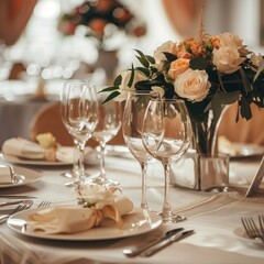 Elegant dining table setup with flowers, wine glasses, and napkins for a special event.