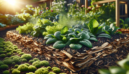 Closeup view of an organic sustainable garden with emphasis on water-saving techniques like mulching. AI generated.