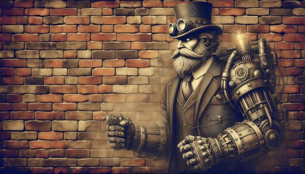A Steampunk Themed Background image with,Old Red Brick Wall with characterful man with beard and Top Hat,goggles etc
