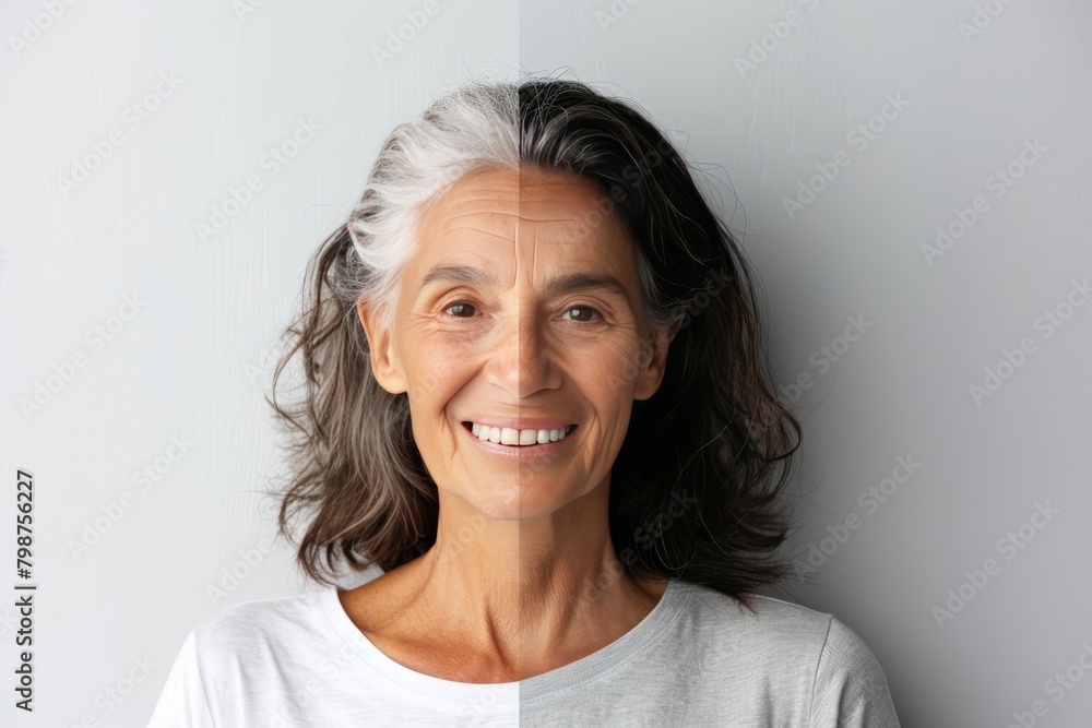 Poster old and young progression in aging stages using skin smoothing techniques for modern aging timelines