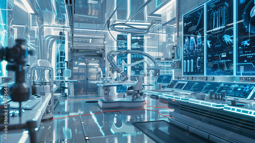 Poster the intersection of ict and scientific technologies in a futuristic laboratory setting.