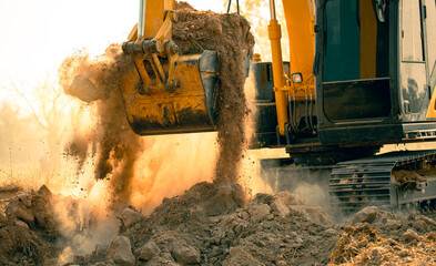 Close-up of excavator at construction site. Backhoe digging soil for earthwork and construction business. Excavating machine at work. Heavy machinery for earth moving and construction site development