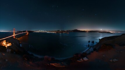 Starry sky above a tranquil bay, panoramic night scene with bridge and city lights. Serene and majestic landscape captured in darkness. Perfect for backgrounds and nature themes. AI
