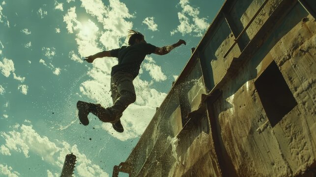 A slow-motion shot of a stunt performer executing a daring action sequence, highlighting their athleticism