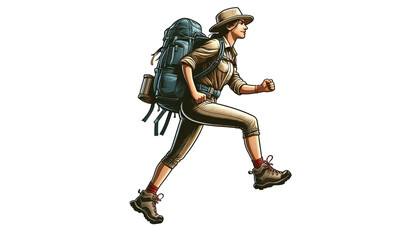 Fototapeta na wymiar Adventurous Woman Hiking with Gear and Backpack.
