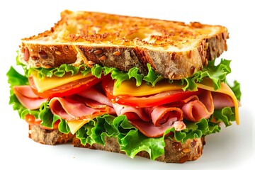 Sandwich with ham, cheese, tomatoes, lettuce, and toasted bread. Front view isolated on white background.