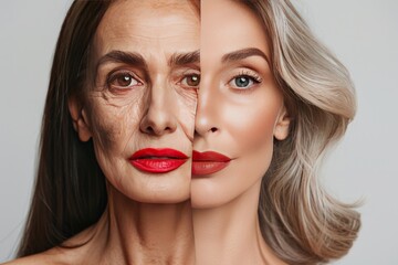 Anti aging biological impacts on skin health, showcased in facial halves of aging skincare trends and contrasting ages within the aging process.