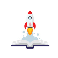 Open book and rocket flying out,illustration  of the concept of reading a book increasing one's insight.vector illustration in flat style