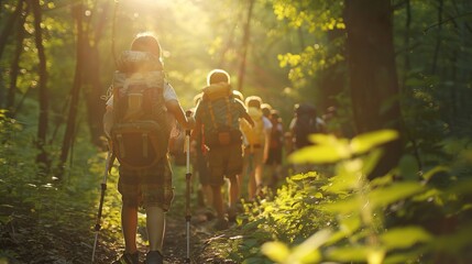 A group of 4 children are hiking in the woods. You can see their backpacks and the sun is shining through the trees.

