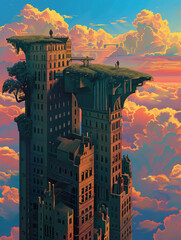 A futuristic the city in the clouds illustration, 