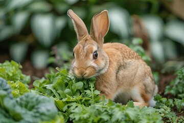 Fototapeta premium Wideangle shot of a rabbit nibbling on fresh summer greens in a backyard garden, representing the abundance and growth of the season