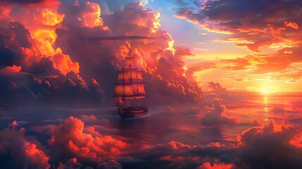 Fototapeta premium A colorful sunset casting a warm glow on the sails of a pirate ship floating amidst the clouds