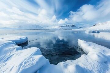 Frost Ice. Picturesque Winter Scene of Ice on Water Surface Amidst Snow in Iceland